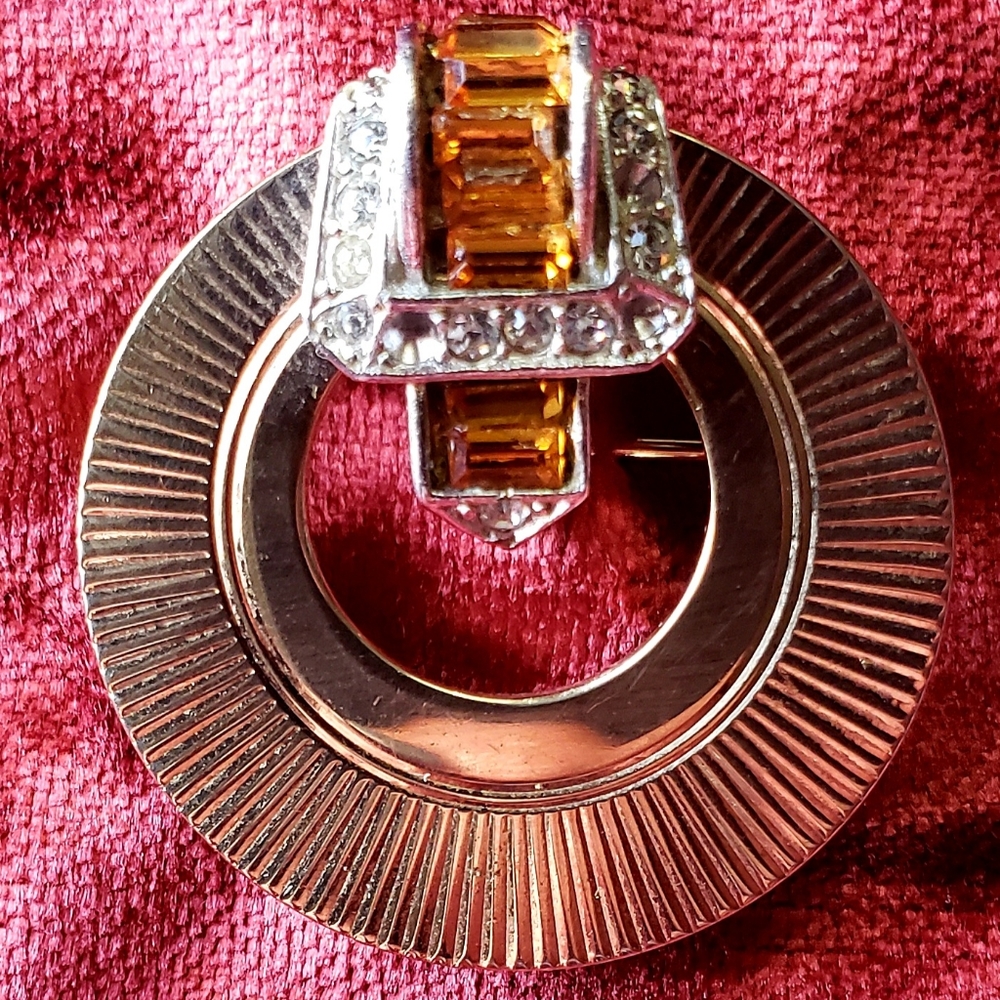 Marcel Boucher Yellow and White Rhinestone Buckle Brooch-missing 4 small stones.